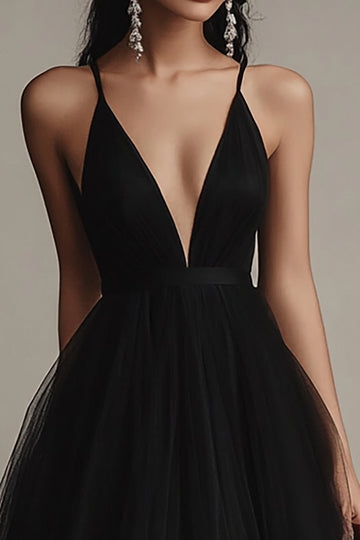 Black Spaghetti Straps Tulle A Line Long Formal Dress with Slit
